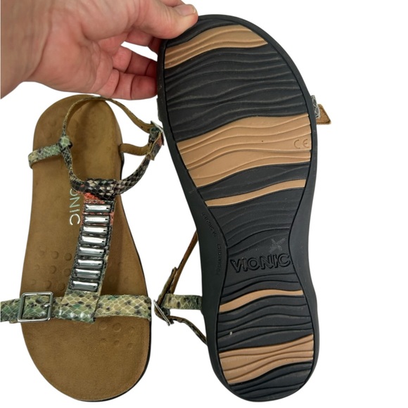 Vionic 342 Navassa Tan T Strap Embellished Snakeskin Sandals Womens 7 Comfort - Picture 12 of 12